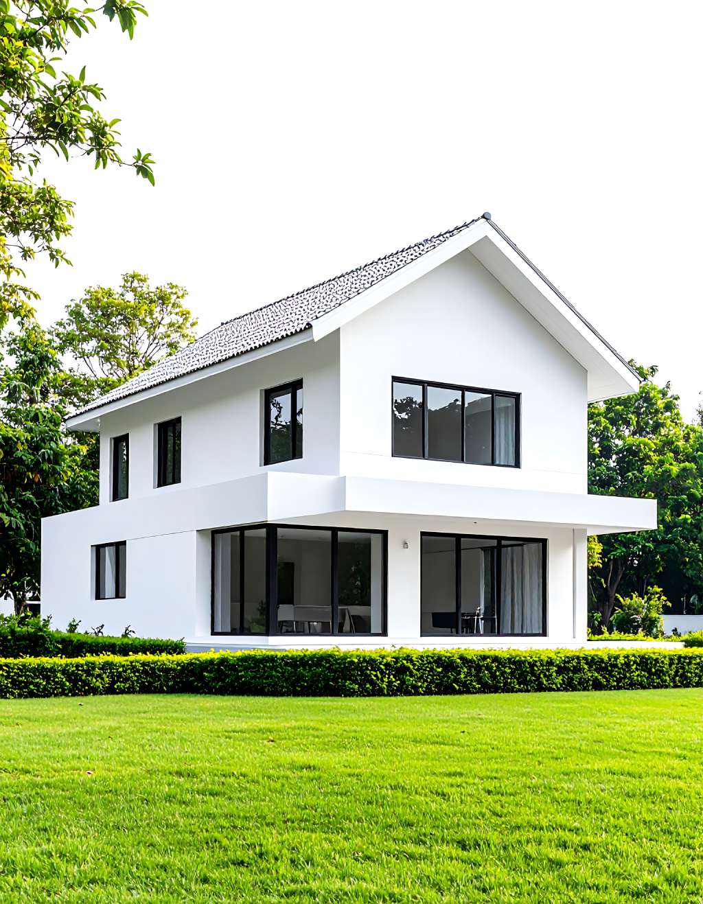 Modern Two Story White House with Black Window Frames Gable Roof and Manicured Green Lawn.jpg